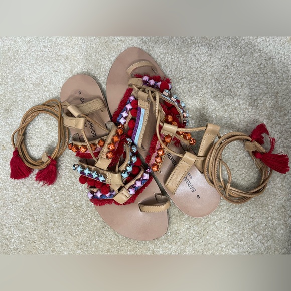 BARBARA BARBIERI Tasseled Leather Sandals Lace Up Pom Pom Strappy Sandals - Picture 6 of 6